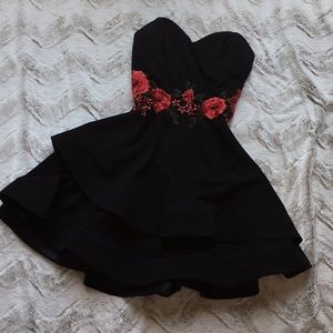 Black Ruffled Strapless Dress with Rose Appliqués